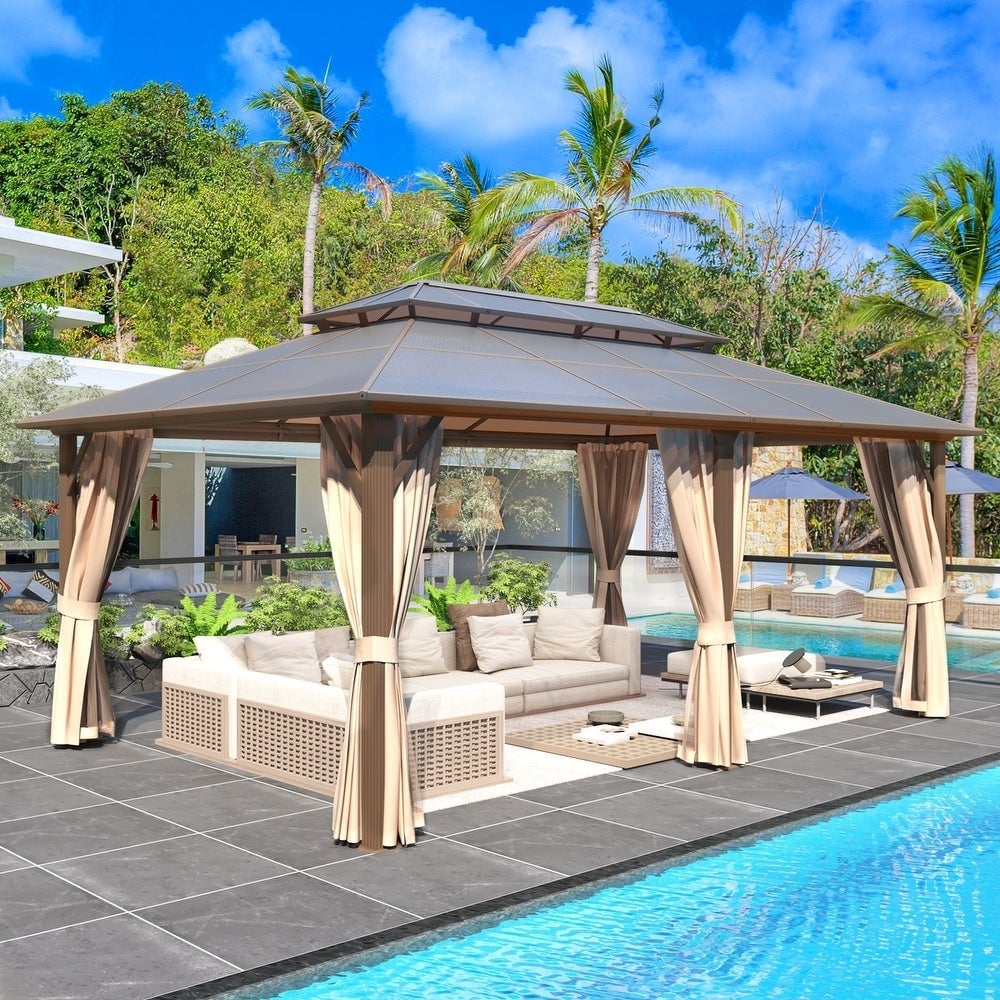 Tonnelle à toit rigide pour jardin – Pergola permanente avec filet, rideaux et double toit, abri extérieur toutes saisons