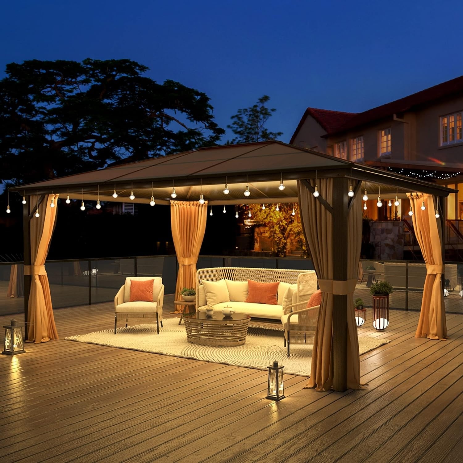 Tonnelle à toit rigide pour jardin – Pergola permanente avec filet, rideaux et double toit, abri extérieur toutes saisons